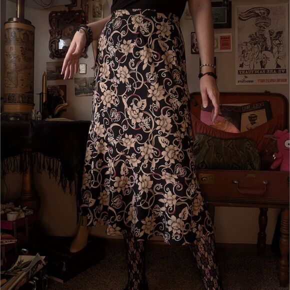 Vintage Floral Print Maxi/Midi Skirt Women's XS/Small Black Cream Abstract - Picture 1 of 6